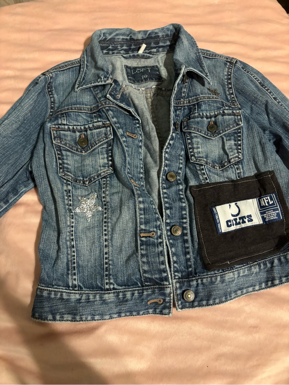 LOFT Light Blue Denim Jacket with Star Patch and Team Pocket